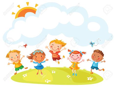 Felices Los Niños De Dibujos Animados Saltando De Alegría En Una Colina