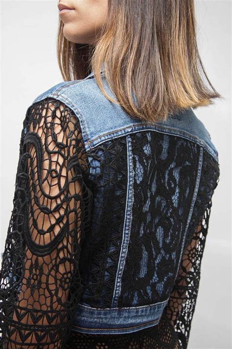 Nordstrom Jeans Cropped Boho Denim Jacket Black Lace Cover Lace