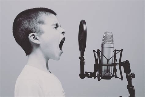 Boy Singing On Microphone With Pop Filter Image Free Photo