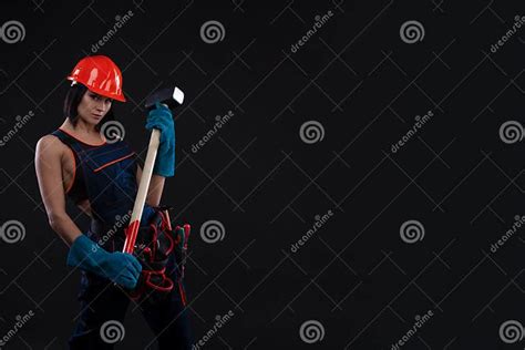 Sex Equality And Feminism Girl In Safety Helmet Holding Hammer Tool Attractive Woman Working