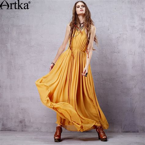 Artka Womens 2018 New Summer Boho Maxi Dress Straps Sexy Fashion Embroidery Yellow Chiffon