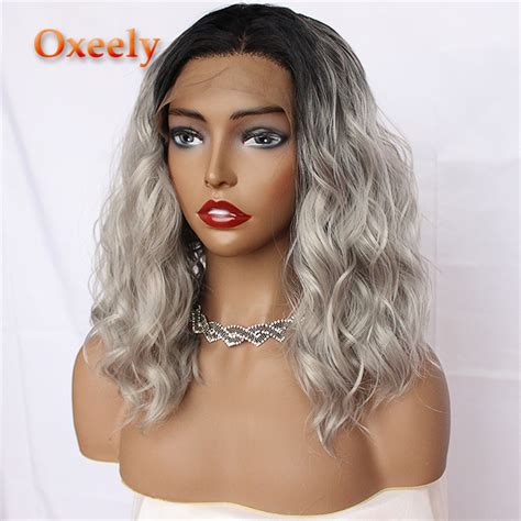 Oxeely Loose Curl Ombre Wigs Short Hair Grey Synthetic Lace Front Wigs