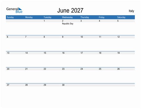 Editable June 2027 Calendar With Italy Holidays