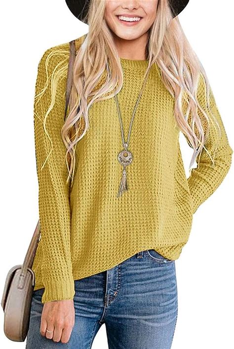 Merokeety Women S Long Sleeve Waffle Knit Sweater Crew Neck Solid Color Pullover Jumper Tops