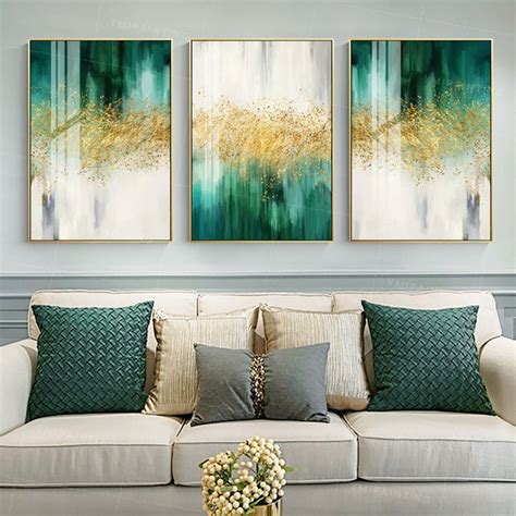 Set Of Wall Art Gold Gilitters Emerald Green Living Room Decor Framed