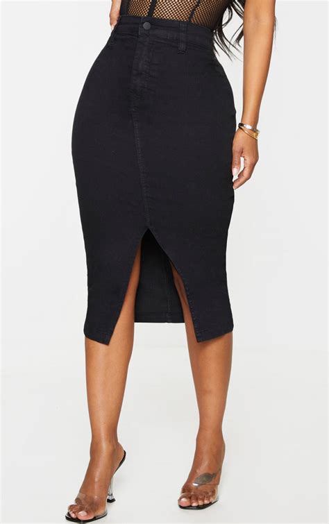 Shape Black Denim Split Front Midi Skirt Prettylittlething Ca