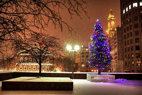 Boston City Hall Christmas Tree Snow Storm Boston Ma Photograph By Toby