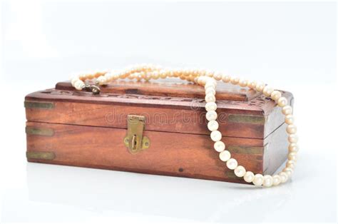 Small Wooden Chest With White Pearl Necklace Stock Photo Image Of