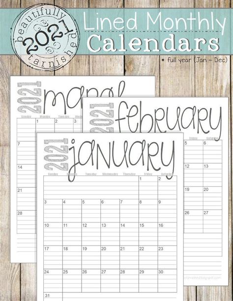 2021 Lined Monthly Calendars Portrait 8 5x11 Jan Dec Etsy