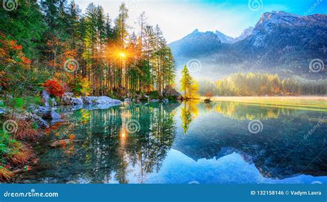 Beautiful Autumn Sunrise Scene With Trees Near Turquoise Water O Stock