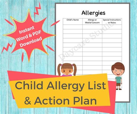 Daycare Allergy List Childcare Center Printable Child Allergy Form