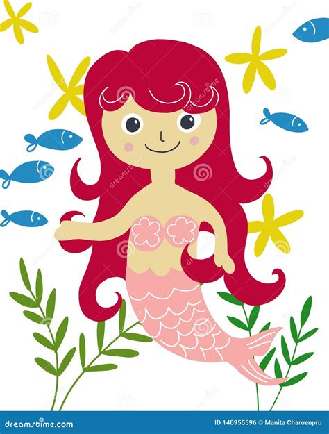 Illustration Hand Drawn Cute Red Hair Mermaid Stock Photo
