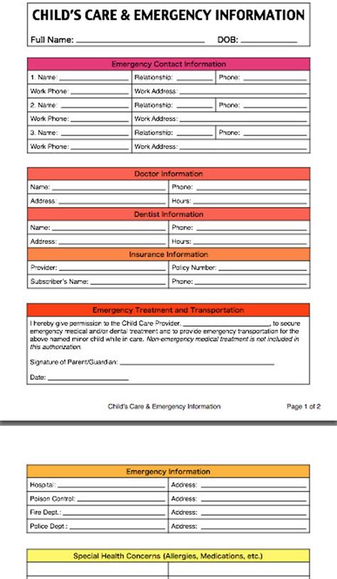 Childs Care And Emergency Contact Information Form For Etsy In 2021