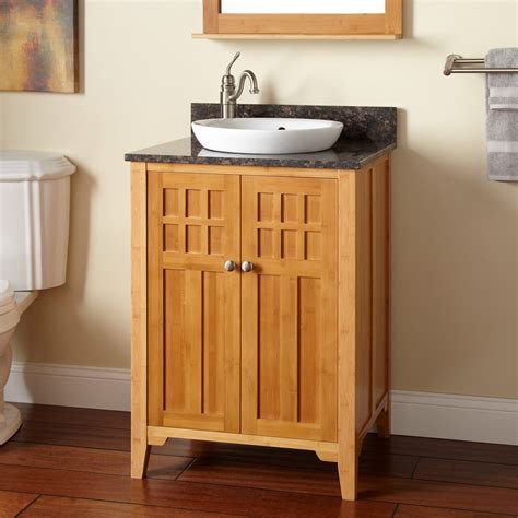 The heavy tops and leg elements were fabricated from engineered bamboo panels and the lighter textural elements were created by inserting bamboo strips into a finished plywood substrate. 24" Betong Bamboo Vanity for Semi-Recessed Sink | Vessel sink vanity, Vanity, Bathroom sink vanity