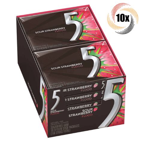 Full Box 10x Packs 5 Gum Strawberry Flood Flavor Sugar Free 15 Sticks