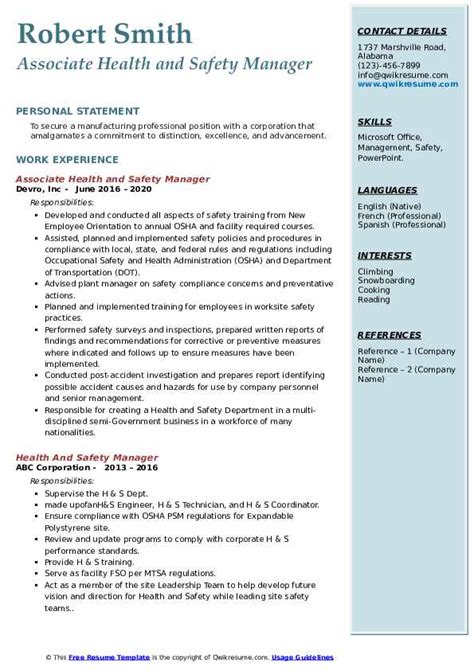 Health And Safety Manager Resume Samples Qwikresume