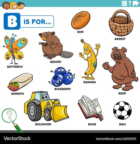Letter B Words Educational Set With Cartoon Vector Image