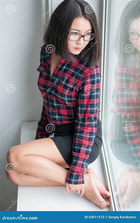 Beauty Asian Girl On Windowsill Stock Photo Image