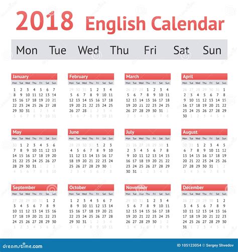 2018 European English Calendar Stock Vector Illustration Of Starts