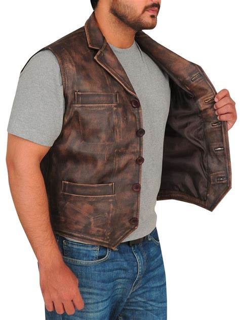 Distressed Brown Leather Vest For Men Men Jackets