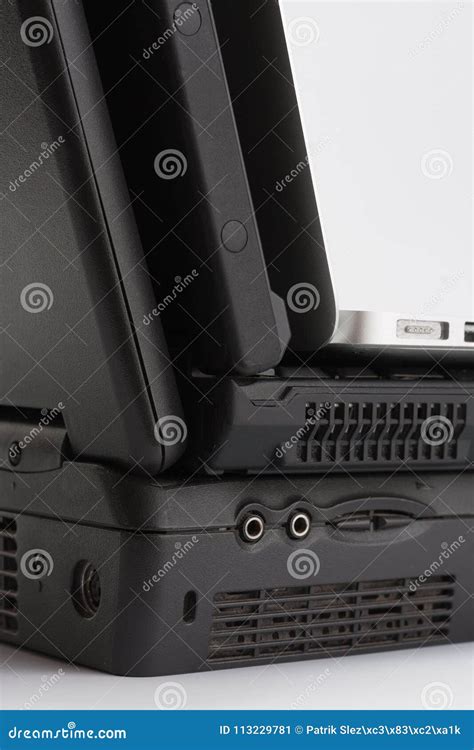 Comparing Of Laptops New Modern And Two Old Laptops Stock Image