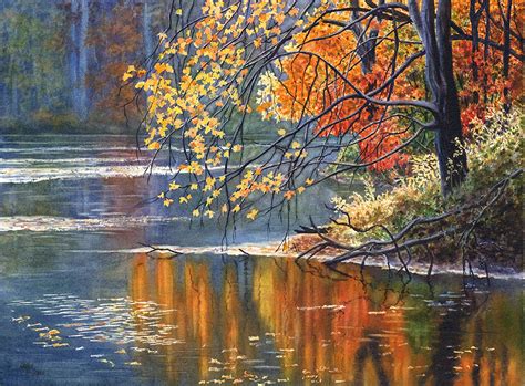 Autumn Lake Watercolor Painting Print By Cathy Hillegas 8x10 Etsy Uk