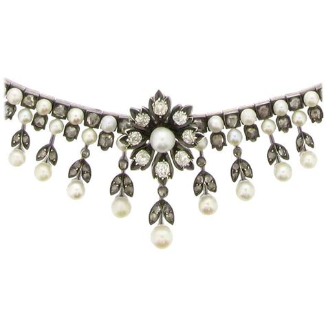 Antique Natural Pearl And Diamond Necklace Circa 1880 For Sale At