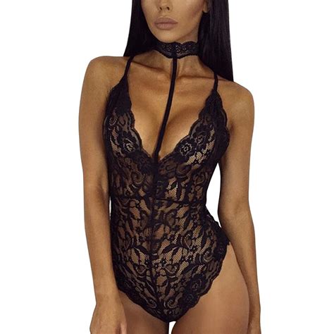 Yjsfg House Sexy Lace Hollow Out Bodysuit Women Elegant Halter Neck