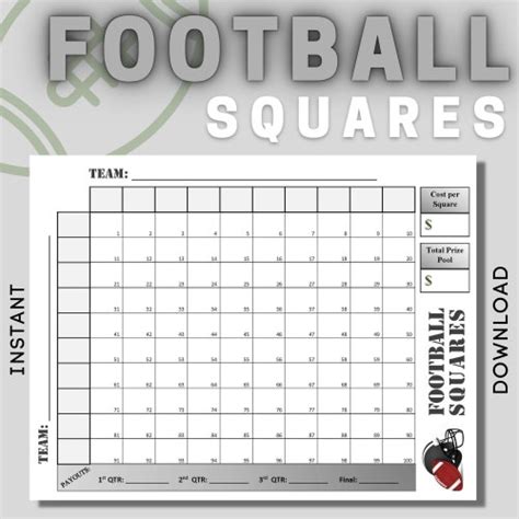 Printable Football Squares 4 Quarter Payouts 11x85 Etsy