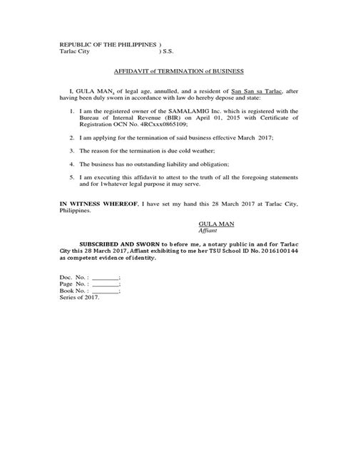 Because every business is unique, we strongly advise you tailor this letter to reflect your business and your customers' needs. Affidavit of Closure of Business (BIR)