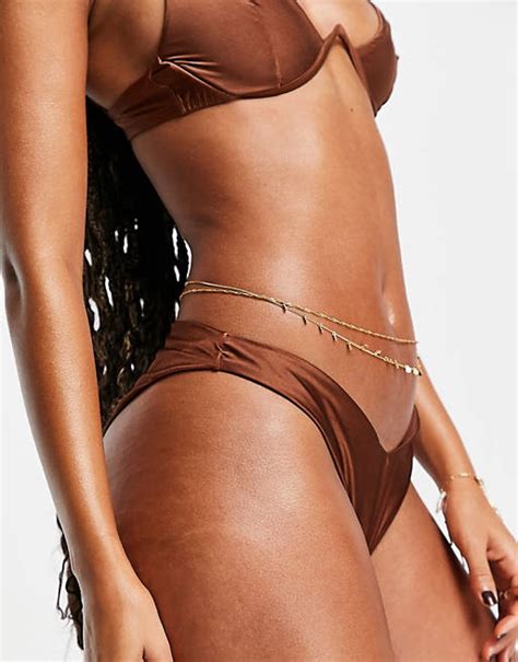 Asos Design Mix And Match Slinky V Front High Leg Hipster Bikini Bottom In Brown Asos