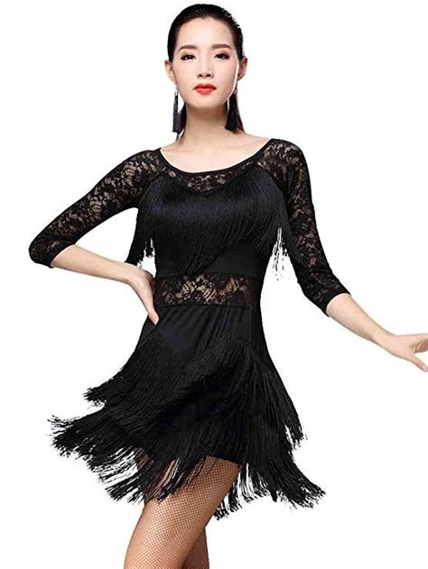 Zx Womens Fringed Ballroom Costume Lace Round Neck 12 Sleeve Tango