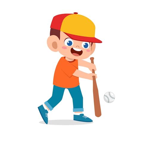 Happy Cute Kid Boy Playing Baseball Premium Vector