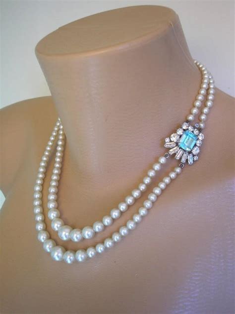 Pearl And Aquamarine Rhinestone Necklace Blue Topaz Rhinestone Choker Strand Ivory Pearls