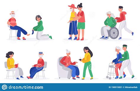 Elderly People Caring. Volunteers, Social Workers Or Relatives Helps Elderly People, Nurse ...
