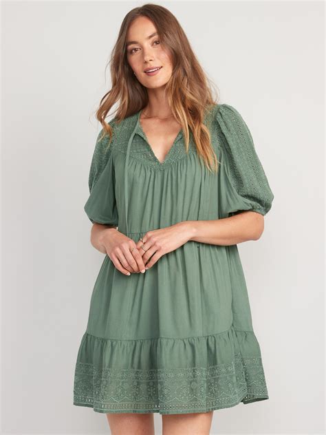 Puff Sleeve Tiered Embroidered Mini Swing Dress For Women Old Navy