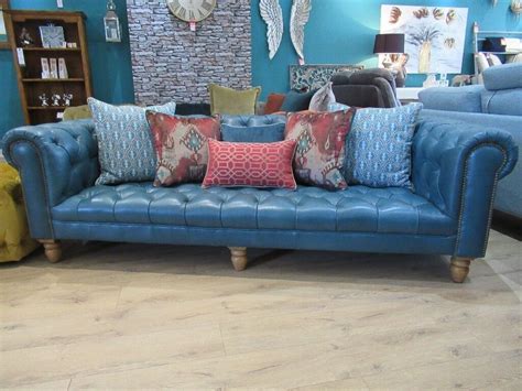 Opulent Blue Leather 3 Seater Chesterfield Sofa With Complimentary