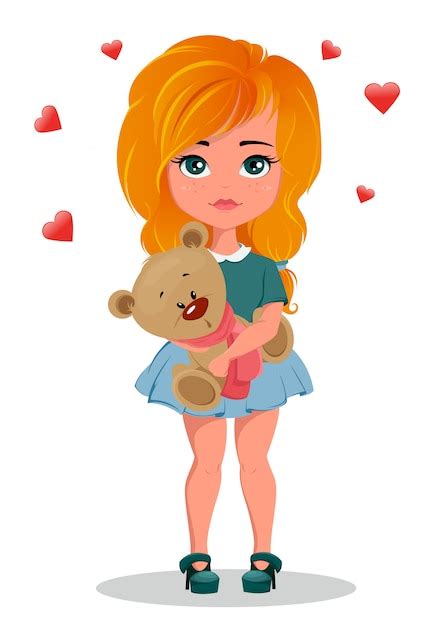 Premium Vector Cute Redhead Cartoon Girl Holding Toy Teddy Bear