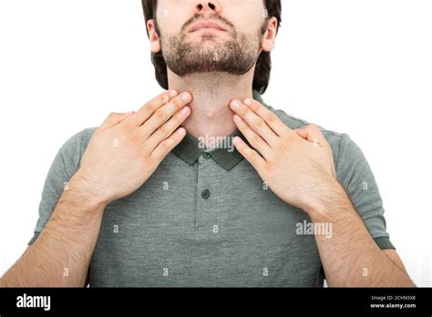 Adult Man Self Touching His Neck To Check The Thyroid Gland Prevention
