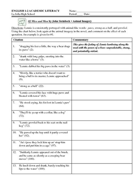Of Mice And Men By John Steinbeck Animal Imagery Worksheet For 8th