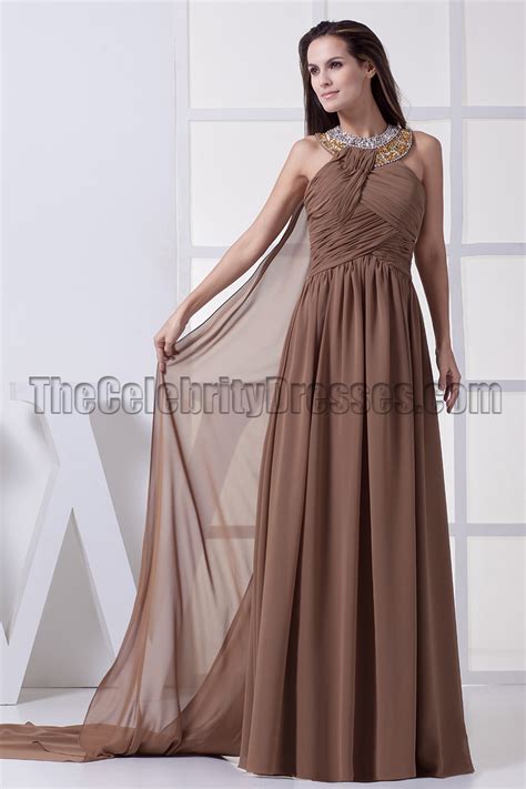Brown Chiffon Beaded Prom Gown Formal Evening Dresses