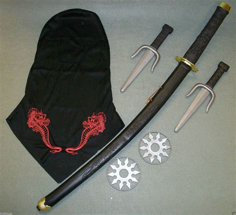 Toy Ninja Katana Samurai Sword Karate Weapon Costume Set Kit Sais Hood