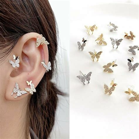 Crystal Gold Silver Butterfly Ear Cuff Clip Stud Earrings Jewelry T