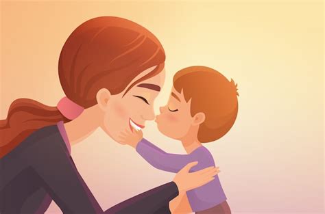 Dibujos Animados Lindo Niño Besa A Su Madre Feliz Vector Premium