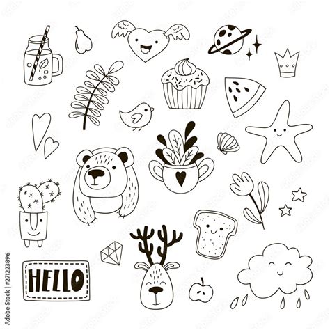 Set Of Cute Childish Doodles Black And White Vector Clipart Stock