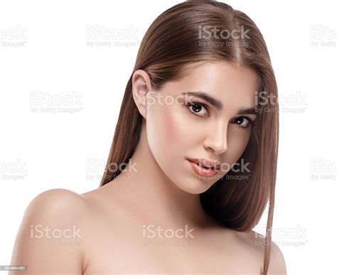Beautiful Woman Brunette Close Up Portrait Studio White Stock Photo