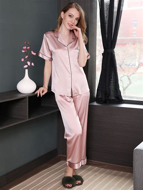 19 Momme Short Sleeved Silk Pajama Set With Trimming Fs067 14900 Freedomsilk
