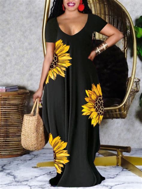 Lovely Plus Size Sunflower Casual U Neck Floral Print Black Floor Length Dresslw Fashion