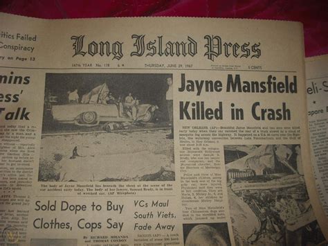 Jayne Mansfield Death June 29 1967 Long Island Press Ny Newspaper