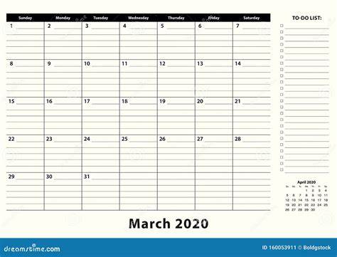 March 2020 Monthly Business Desk Pad Calendar Stock Vector